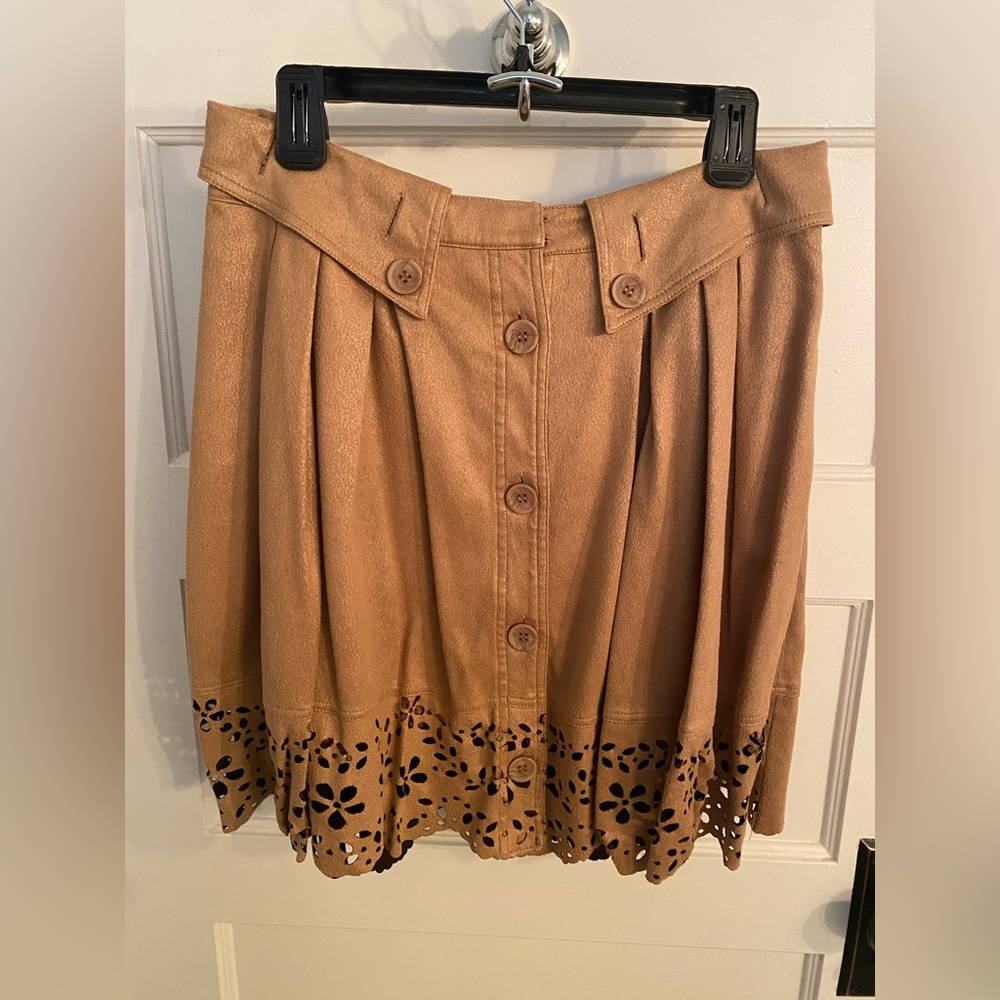 Camel suede button front skirt with eyelet scalloped bottom